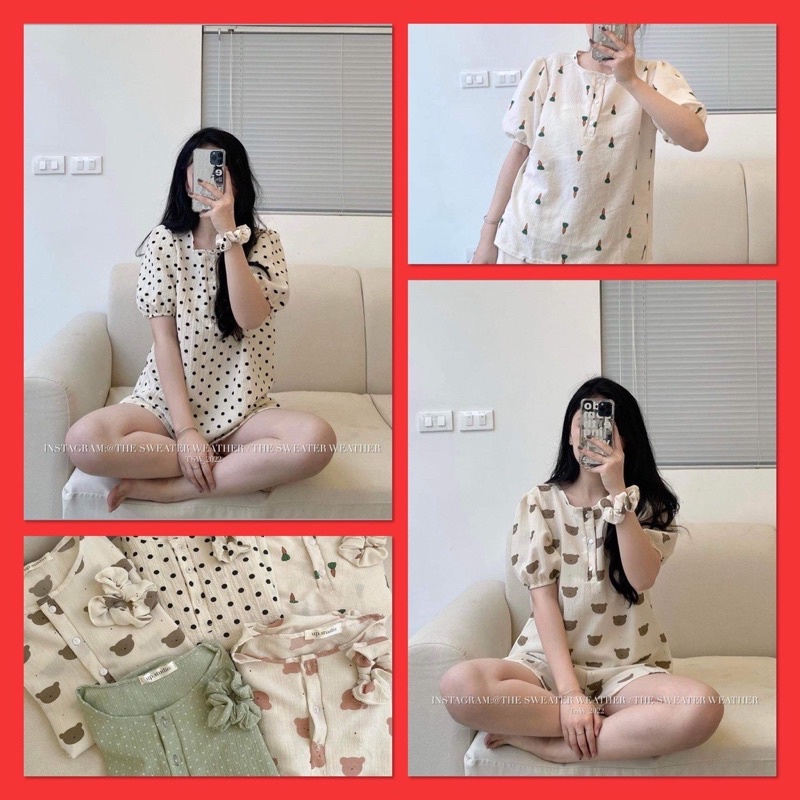 Set bộ Pijama cổ bẻ, bộ đồ ngủ áo ngắn quần đùi đũi xốp pyjama nhiều hình đáng yêu dành cho nữ Nhungkudostore