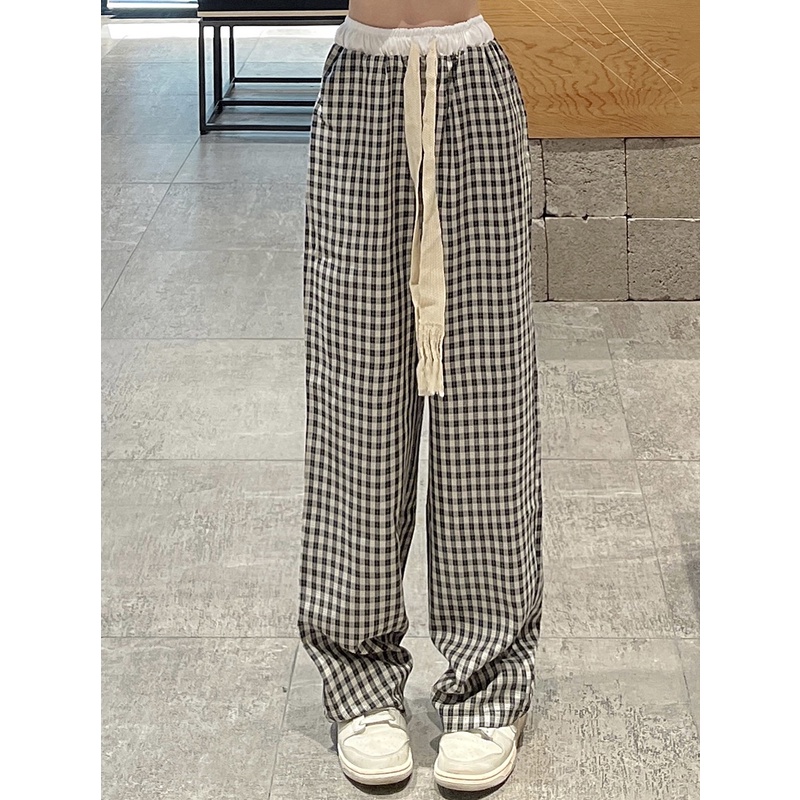 Thời Trang Quần Dài Ống Rộng Họa Tiết Caro Phong Cách retro