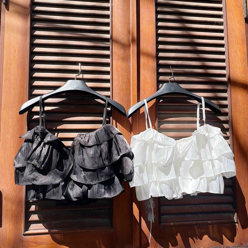 [Ảnh Thật] Áo Croptop 2Dây Sakura Xếp Bèo Tầng Chất Organza Ko Châm Chích