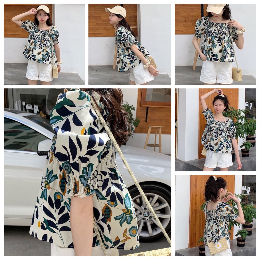 Áo Kiểu Nữ Tay Phồng Cổ Vuông Họa Tiết Hoa Xinh Xắn Thời Trang