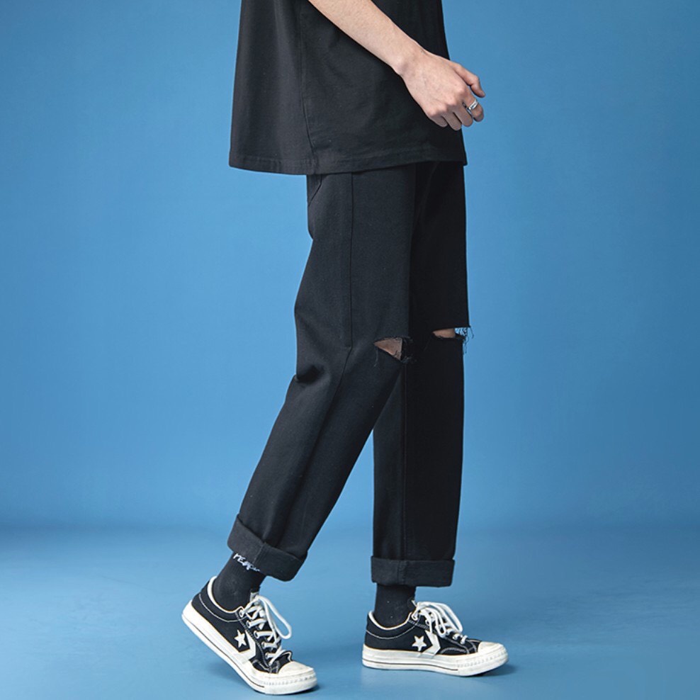[Hottrend 2021⚡⚡] [B06] Quần Jean Baggy nam rách gối ống rộng cắt gấu đen không phai màu, vải co giãn | BigBuy360 - bigbuy360.vn
