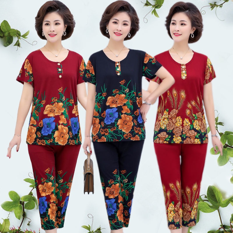 ❈❉Người trung niên và lớn tuổi bộ đồ mùa hè rộng rãi của mẹ hai mảnh áo thun ngắn tay mới phụ nữ sơ mi
