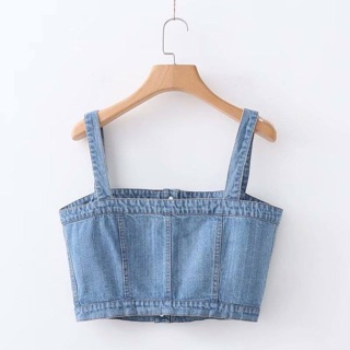 Áo 2 dây jean cúc croptop