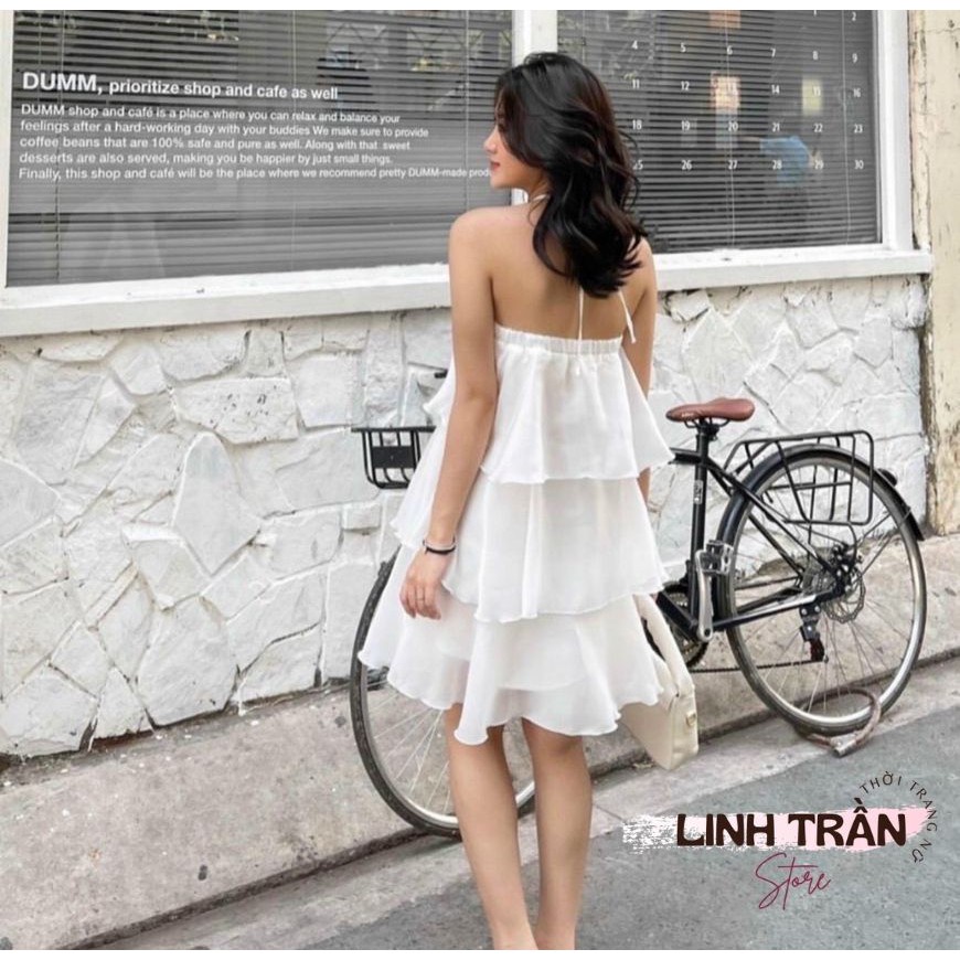 V029 Váy yếm buộc cổ trắng 3 tầng hở vai  Đầm nữ xòe lụa thu hè tiểu thư nữ tính công chúa