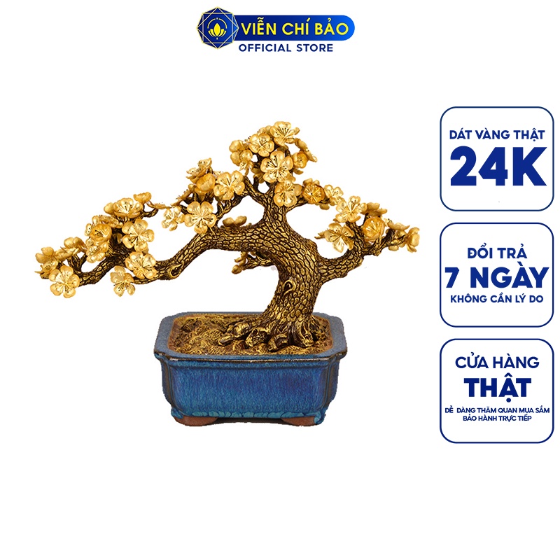 Chậu cây tùng la hán, hoa mai ngũ phúc dát vàng 24K quà tặng cao cấp trang trí nhà cửa Viễn Chí Bảo M600078