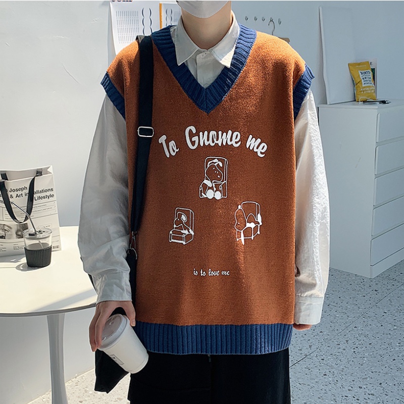 Áo sweater dệt kim không tay cổ chữ v dáng rộng phối màu tương phản cá tính thời trang cho nam