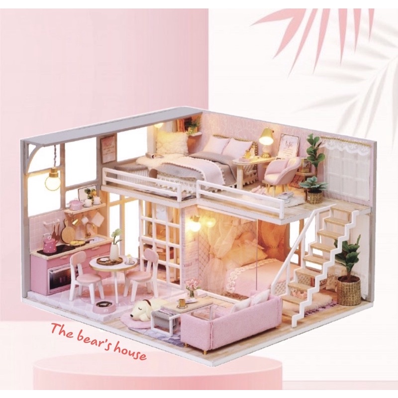 Biệt thự hồng cuteroom _ Mô hình nhà gỗ búp bê tự lắp ráp DIY(Tặng mica chắn bụi và keo dán)