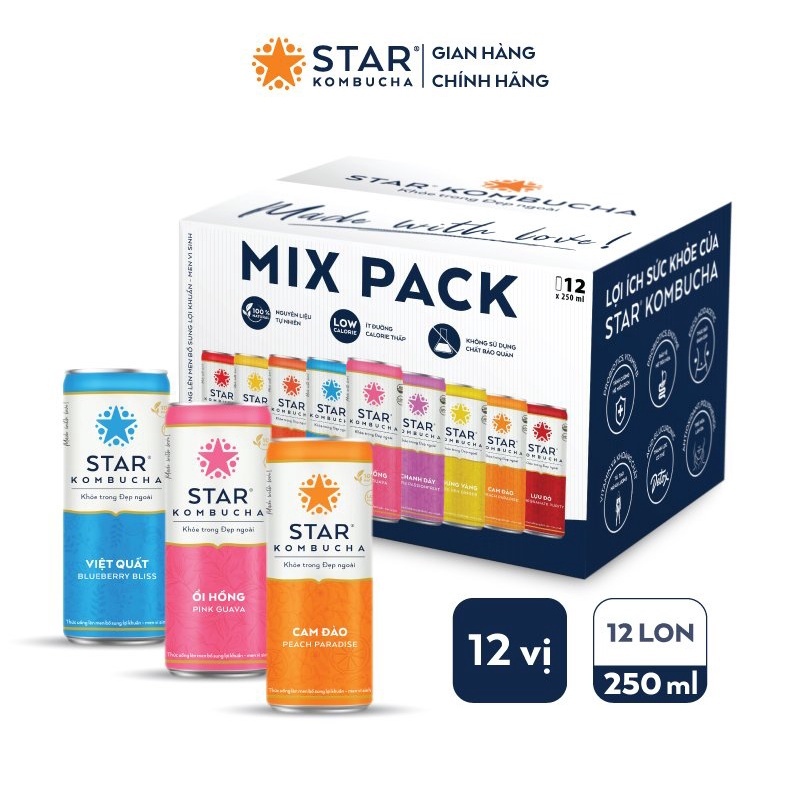 Combo 3 thùng 12 lon trà STAR KOMBUCHA mix vị (250ml/lon)