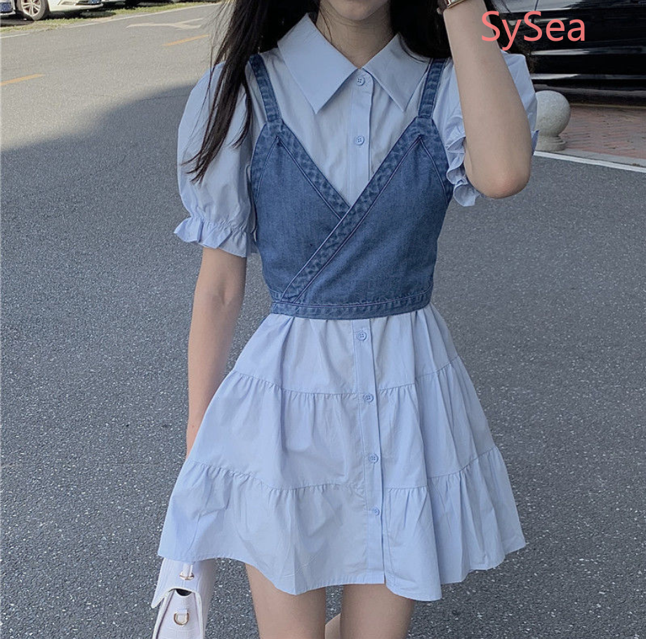 Đầm tay phồng/Áo hai dây vải denim kiểu retro xinh xắn cho bạn gái | BigBuy360 - bigbuy360.vn