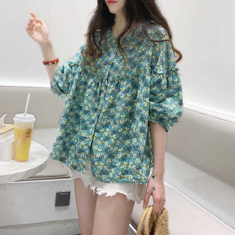 Áo Sơ Mi Tay Phồng Cổ Đứng In Họa Tiết Hoa Phong Cách Hàn Quốc Cổ Điển Thời Trang Mùa Hè Dành Cho Nữ