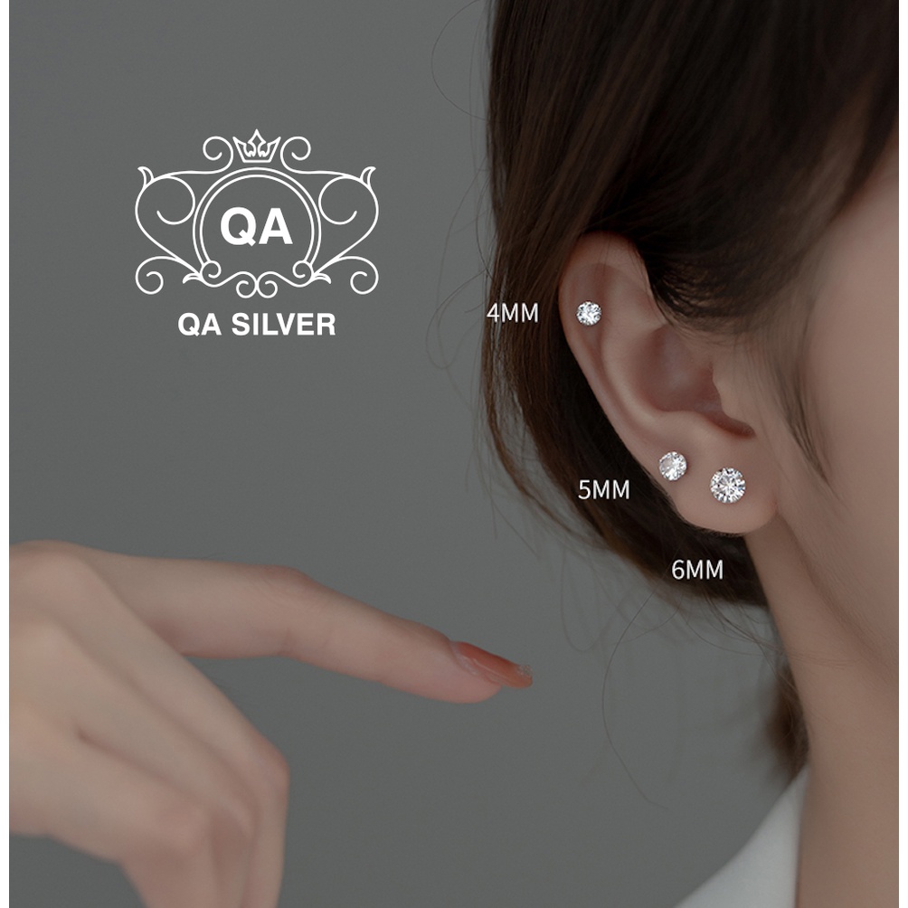 Khuyên tai nụ bạc 925 đính đá 4 chấu bông bạc trơn tối giản đen trắng S925 BASIC Silver Earrings QA SILVER EA170801