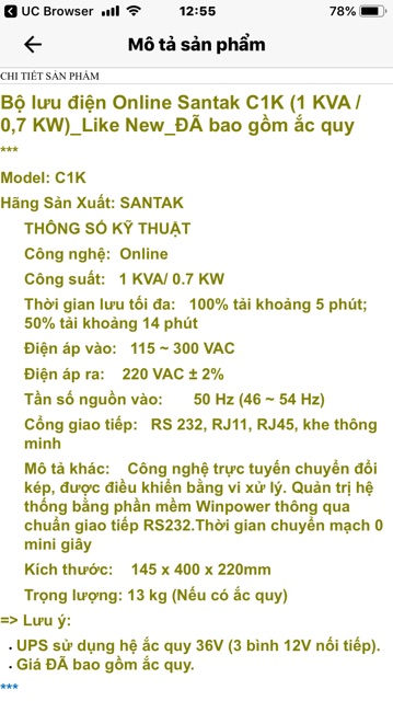 [Mã 154ELSALE2 giảm 7% đơn 300K] Bộ lưu điện UPS online Since chuẩn Santak C1K Mô tơ cửa cuốn