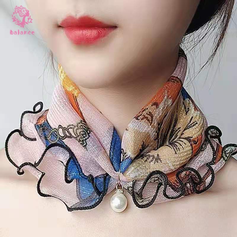 Khăn choàng cổ vải voan nhún bèo đính ngọc trai giả đa năng thời trang cho nữ