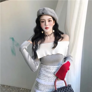Set áo len trễ vai+ cv sọc ôm