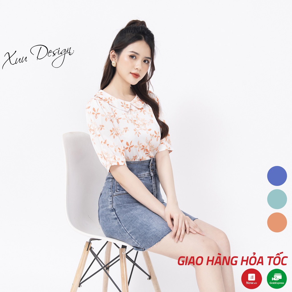 Áo sơ mi nữ thiết kế tay lỡ Xuu, họa tiết hoa xanh mềm mát trẻ trung - Xu14
