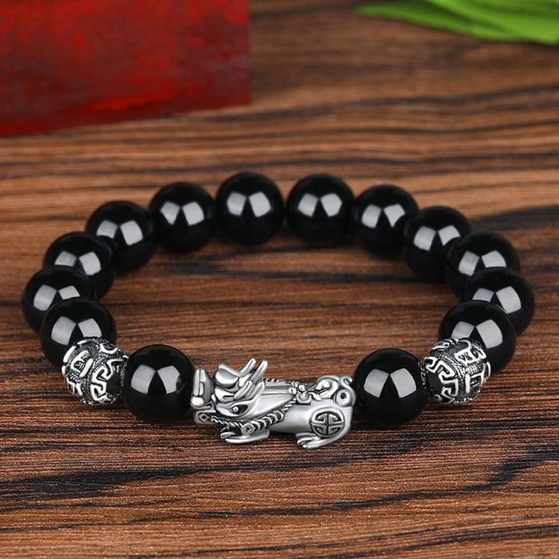 Vòng Tay Chuỗi Hạt Đá Obsidian Màu Đen Thanh Lịch Cho Nam