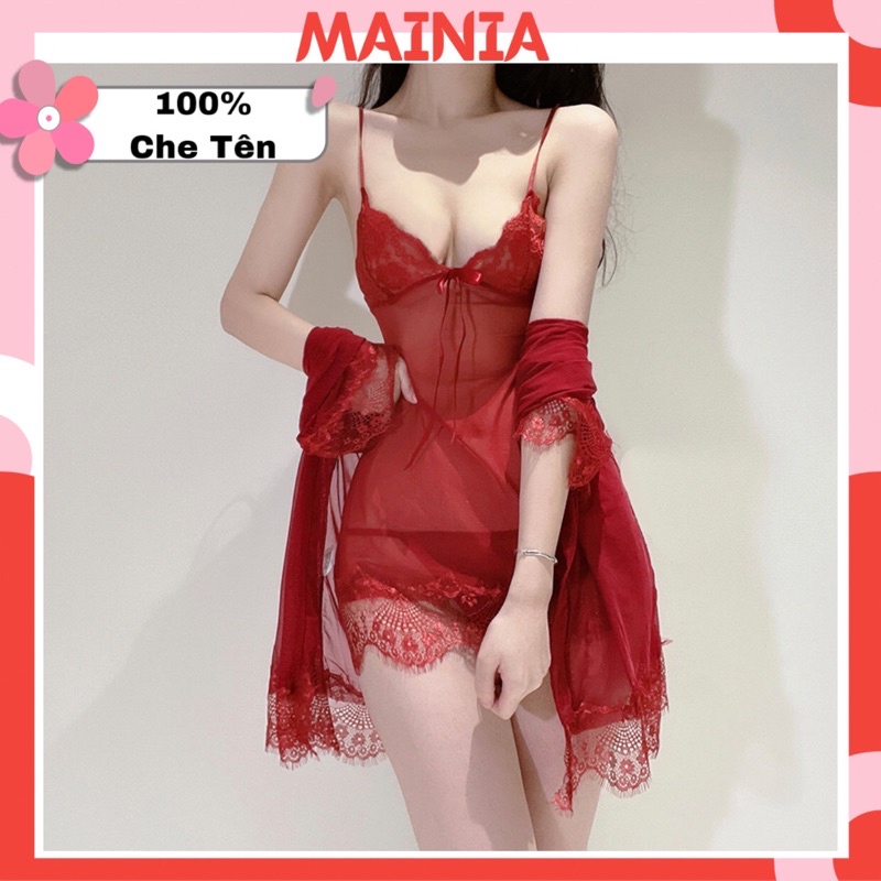 [Size L, XL] Set Đầm Ngủ Ren Voan Kèm Áo Choàng + Chíp Lọt Khe Váy Ngủ Gợi Cảm Sexy Quyến Rũ Mainia Shop