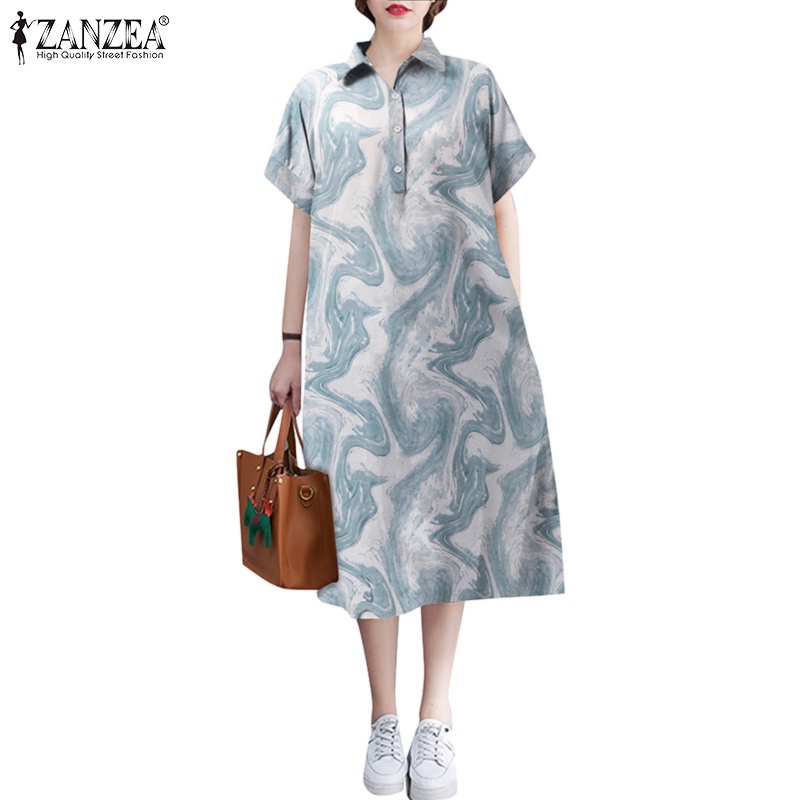 Đầm dài Zanzea tay ngắn cổ bẻ dáng rộng in họa tiết phong cách đáng yêu cho nữ