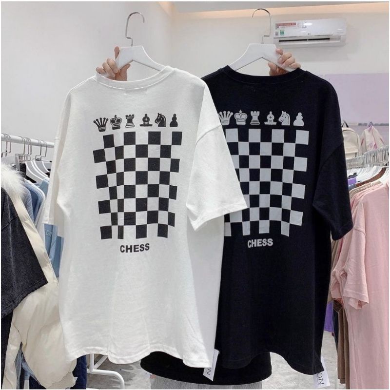 Áo phông cotton unisex tay lỡ form rộng in hình bàn cờ
