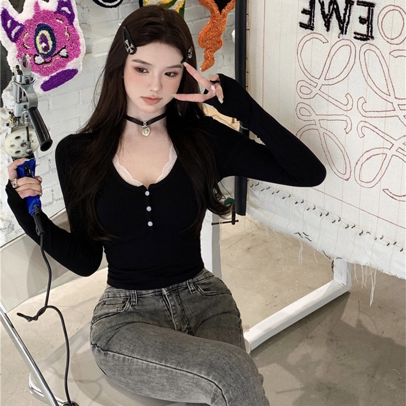 Áo Thun Tay Dài Phối Ren Hoa Màu Sắc Thanh Lịch