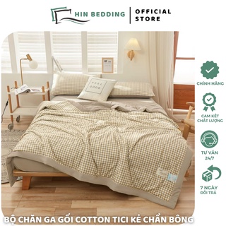 Bộ chăn ga gối cotton tici kẻ chăn chần bông hè hin bedding, chăn ga cotton đũi kẻ mềm mịn cao cấp