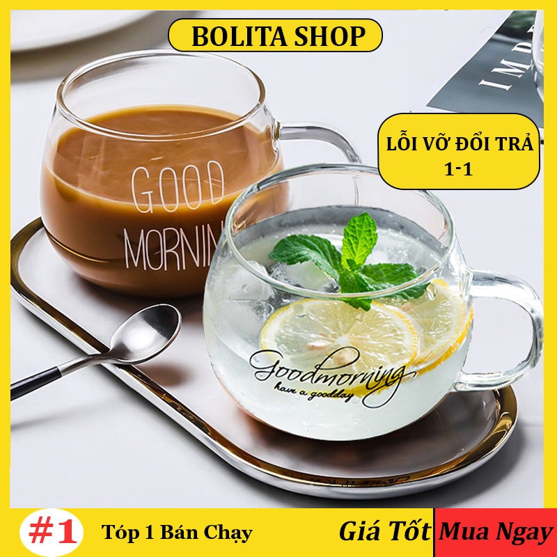 Ly thủy tinh dễ thương uống nước đẹp chịu nhiệt uống sinh tố GOOD 350 NEW cao cấp, cốc uống cafe cute decor BOLITA