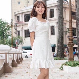 [Mã WAMST112 giảm 25k đơn 150k] Đầm Trắng Cổ Vuông Bèo Lai xt