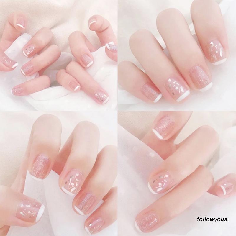 [Hàng mới về] Bộ 24 móng tay giả ngắn che phủ toàn diện màu hồng kiểu dáng thanh lịch