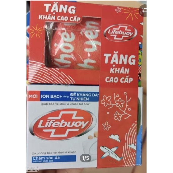 Xà bông cục  rửa tay Lifebuoy bảo vệ vượt trội Chăm sóc da. Bộ 3 cục tặng khăn cao cấp