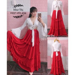 (Có size to) Sét maxi áo và chân váy ba tầng bèo đi biển du lịch chụp hình sống ảo cực xinh