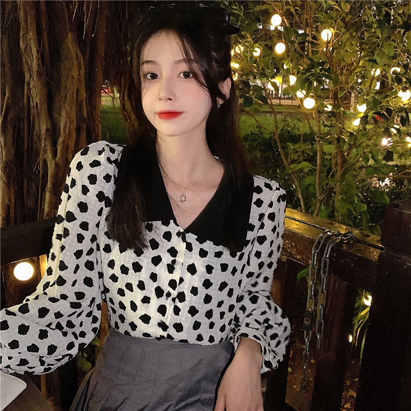 Áo sơ mi BH chấm bi cổ búp bê dài tay thời trang Hàn Quốc dành cho nữ 2022