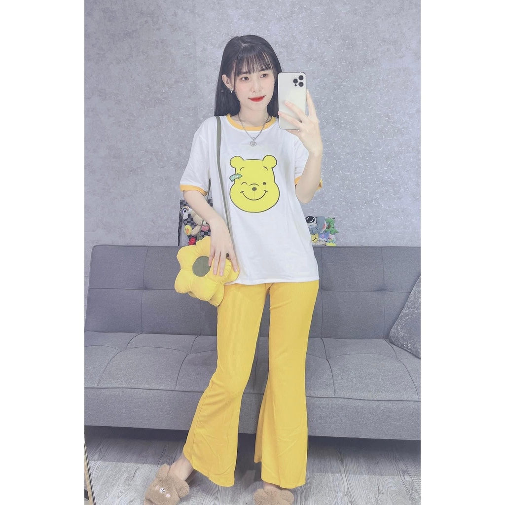 [8.8 Sales Freeship] Set bộ áo thun trắng in gấu quần dài ống rộng vàng, bộ thun dài gấu vàng quần suông cute