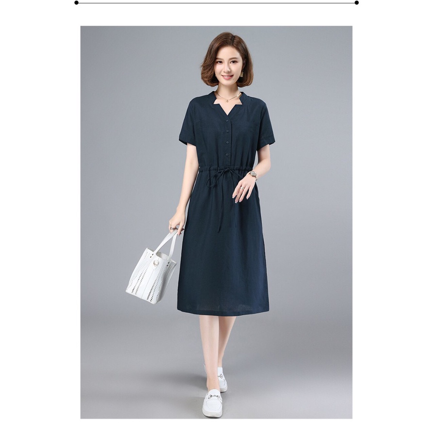 Đầm linen dáng suông, váy sơ mi nữ  thiết kế cổ V ngắn tay công sở màu xanh đen Da164