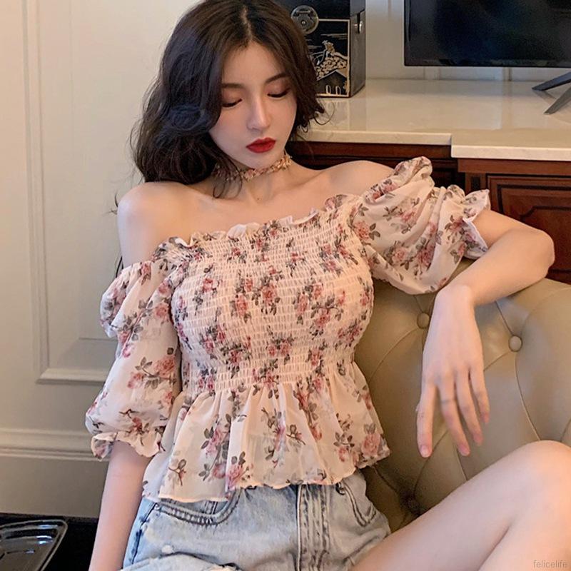 Áo voan croptop hoạ tiết hoa thiết kế trễ vai quyến rũ