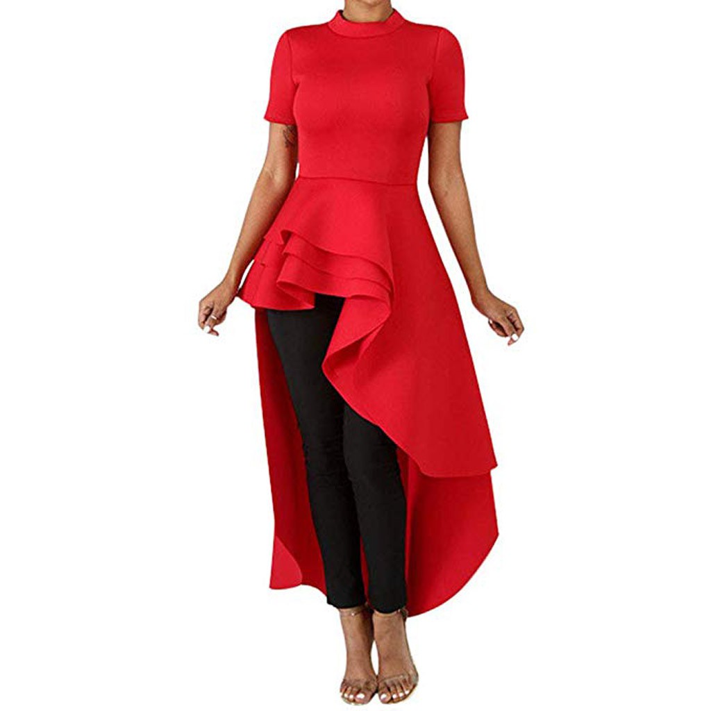 womens ruffle high low asymmetrical short sleeve bodycon tops blouse shirt dress