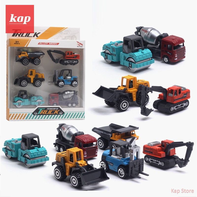 Bộ 6 xe công trình Die Cast Metal, vỏ kim loại, tỷ lệ 1:64