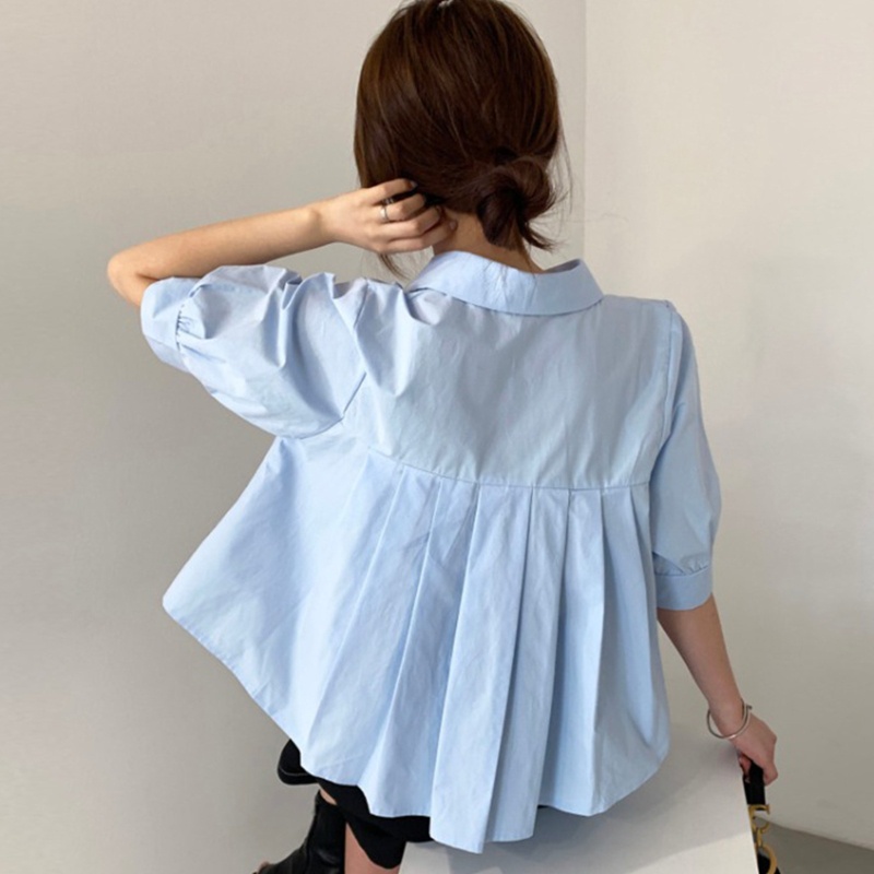 Áo Sơ Mi Tay Lửng Cổ Chữ V Cài Nút Ở Lưng Xếp Ly Màu Trơn Dành Cho Nữ