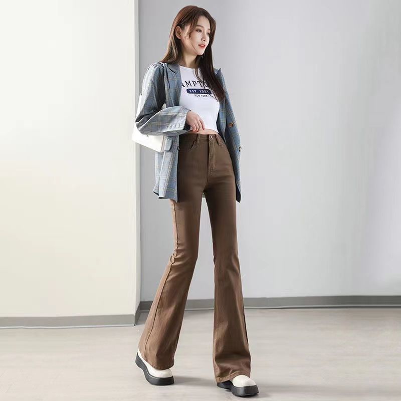 Jiashucheng Quần Jean Nữ Ống Loe Lưng Cao Màu Nâu Phong Cách Mới Mùa Xuân Hè