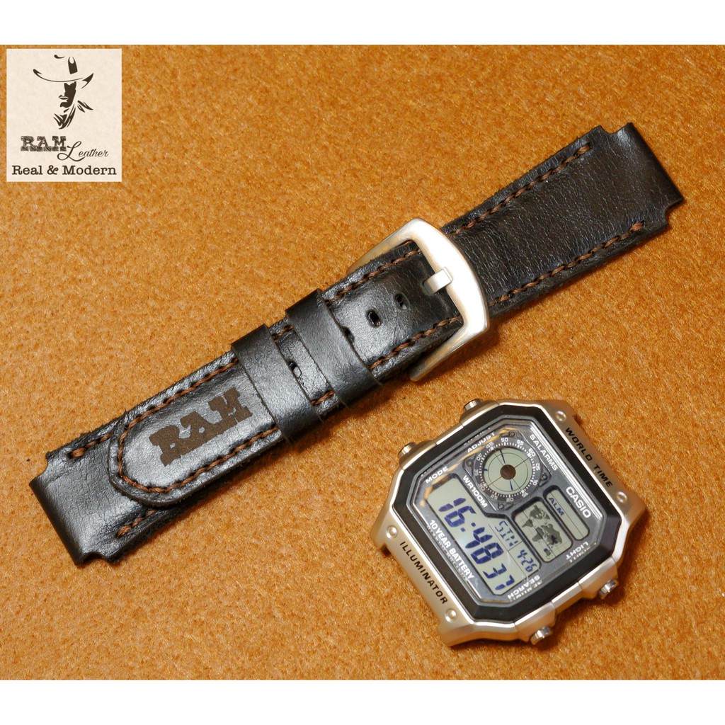Dây đồng hồ da bò cho casio ae1200 whd và seiko 5 37mm - da bò đen tuyền (tặng khóa