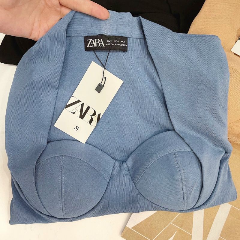 Áo thun ZARA xuất xịn cotton gân body tay dài cúp ngực có mút xanh, đen