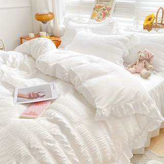 Bộ chăn ga gối kiểu công chúa 4 TRONG 1 Seersucker Khăn trải giường phong cách rắn Tấm phẳng / Váy giường Vỏ gối đơn / Queen / King Size Bộ ga trải giường màu trắng