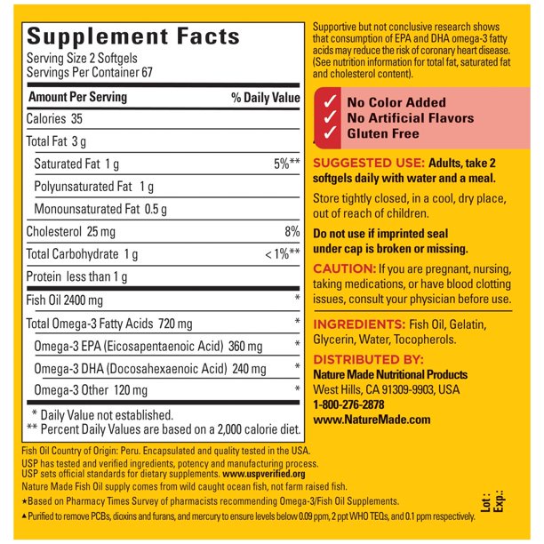Dầu Cá Nature Made Fish Oil Omega 3 2400mg Hộp 134 Viên