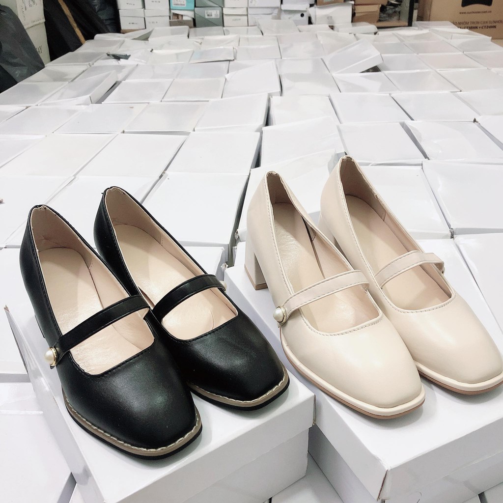Giày Cao Gót Đế Vuông style vintage, Giầy Mũi Vuông Da Lì Đi Chắc Chân
