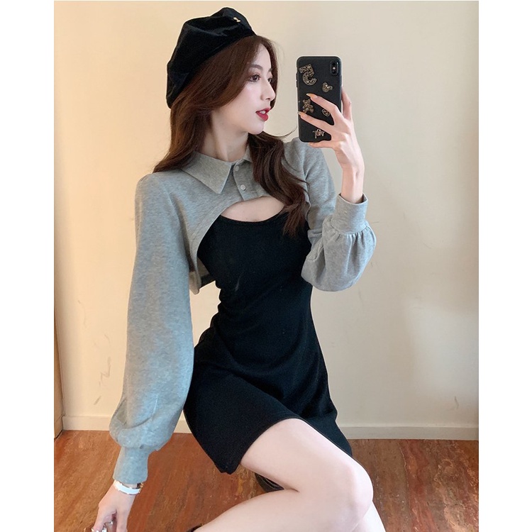 Set váy đầm nữ 2 món cài cúc đen nâu Ylydress freesize dáng A tôn dáng phong cách ulzzang hàn quốc C644 | BigBuy360 - bigbuy360.vn