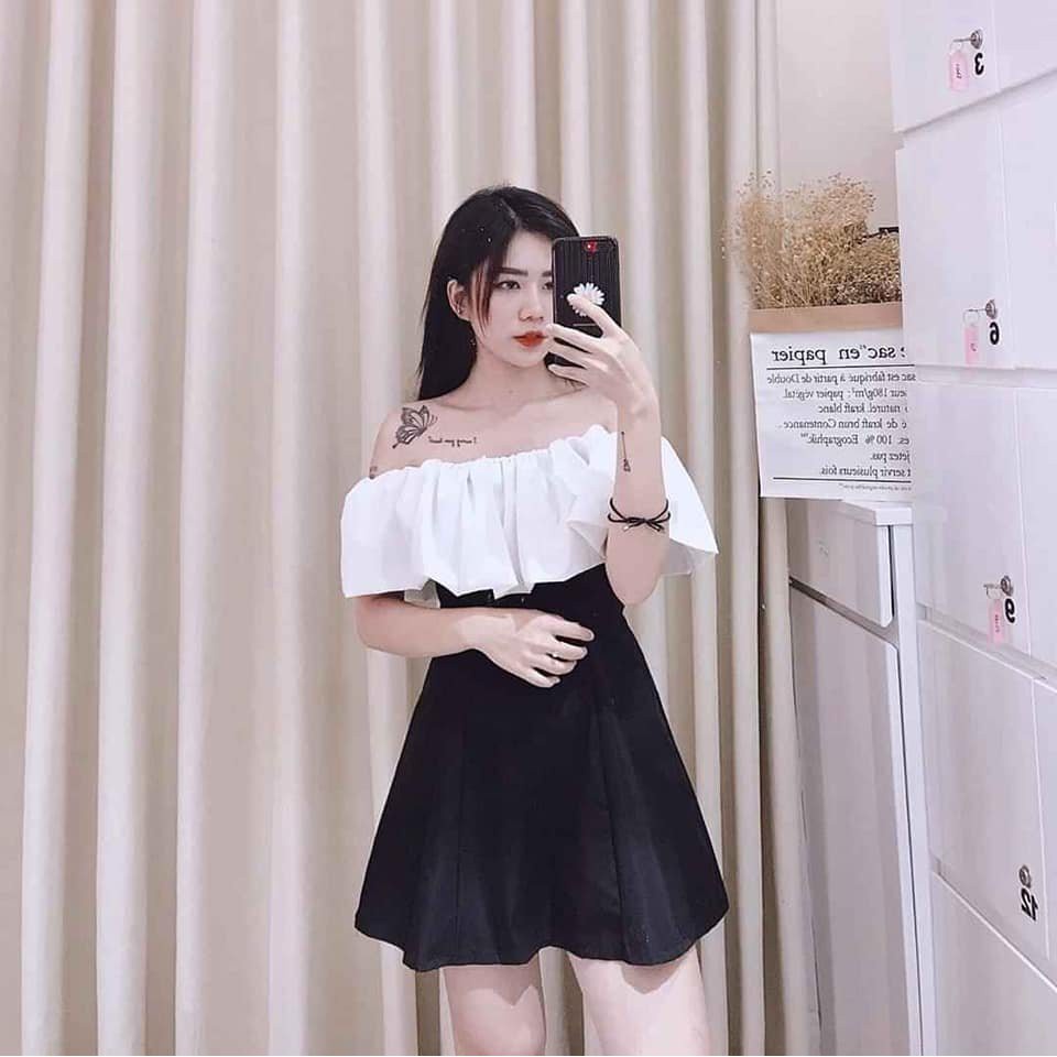 ĐẦM ANGELA TRỄ VAI PHỐI MÀU TRẮNG ĐEN - Váy Nữ Trễ Vai Bèo Trắng - ĐẦM ĐEN XOÈ BỆT VAI