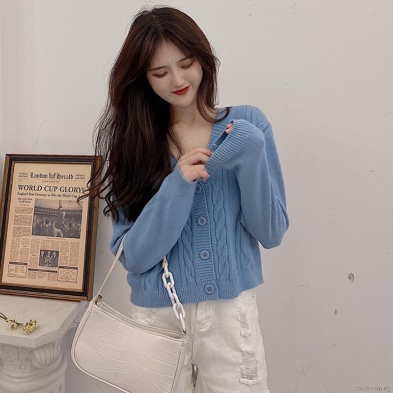 Áo Khoác Cardigan Dệt Kim Tay Dài Thiết Kế Cổ Chữ V Thanh Lịch