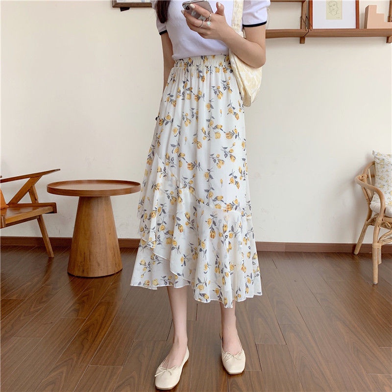 Chân váy voan IELGY lưng cao họa tiết hoa phối bèo phong cách Hàn Quốc cho nữ