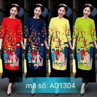 Có 3XL Set Áo Dài Cách Tân cổ tròn hoạ tiết gia đình tết sum vầy Có BIGSIZE