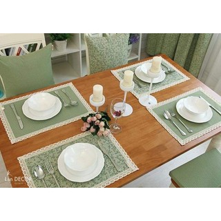 Khăn bàn ăn lá nhỏ xanh cốm Landecor sang trọng - TBA234