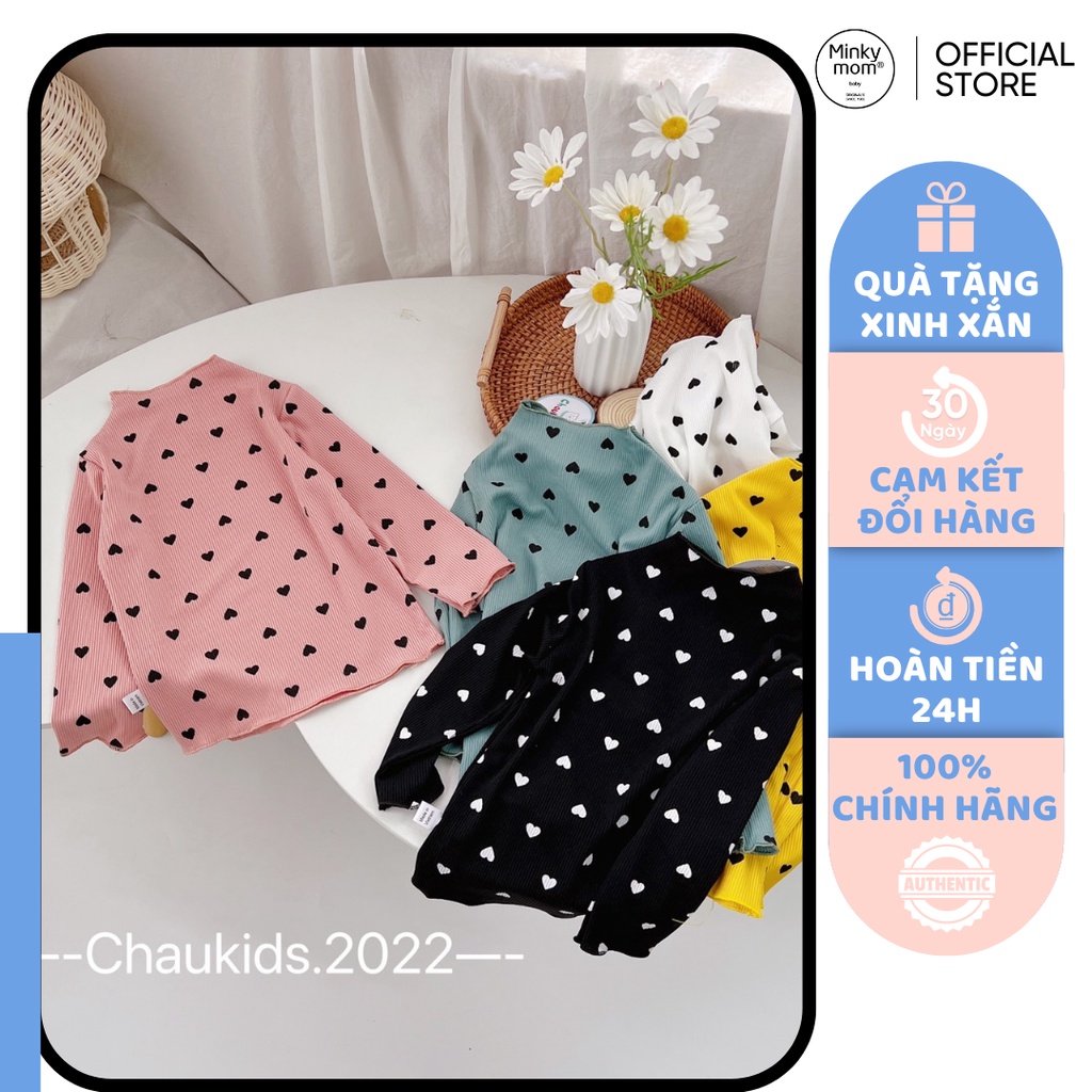 [SALE] Áo Cổ Lọ Cho Bé Gái Vải Thun Tăm Hoạ Tiết Trái Tim, Áo Thun Cho Bé Mặc Nhà Thu Đông CKAD01